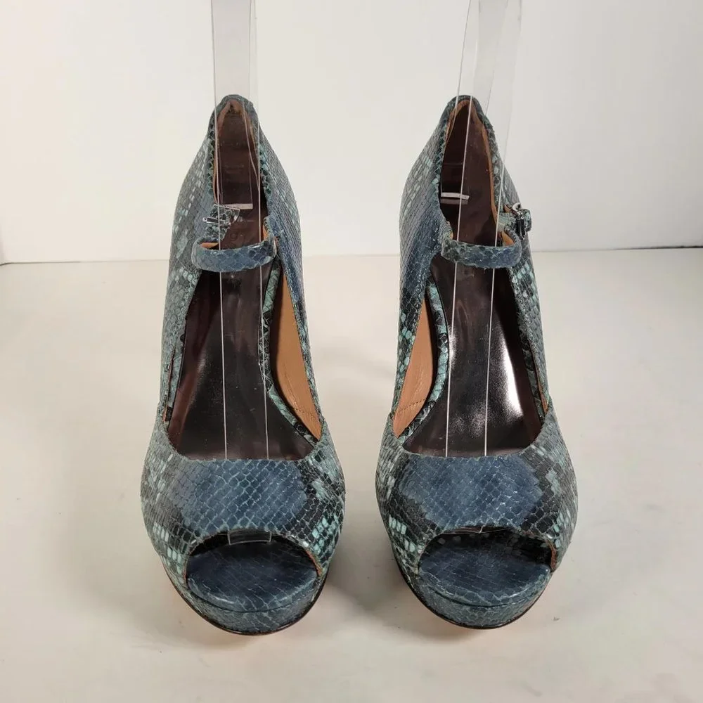 Coach Teal and Navy Snakeskin Mary Jane Peep-Toe Heels—Sz 6.5